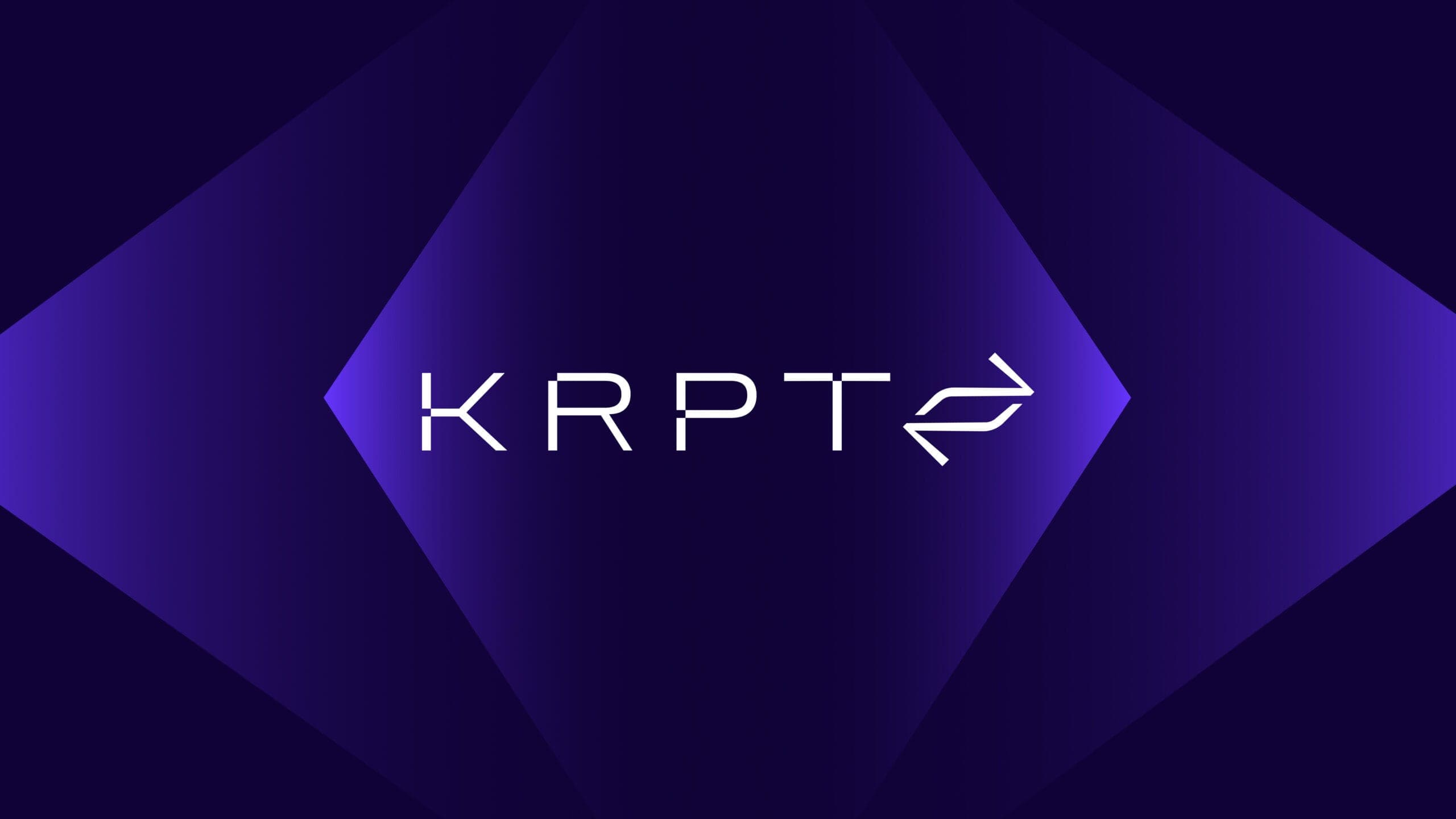Futuristic logo for 'KRPT' displayed in sleek white typography with a stylized arrow icon, set against a geometric deep purple background with gradient lighting effects, evoking a modern and high-tech aesthetic.