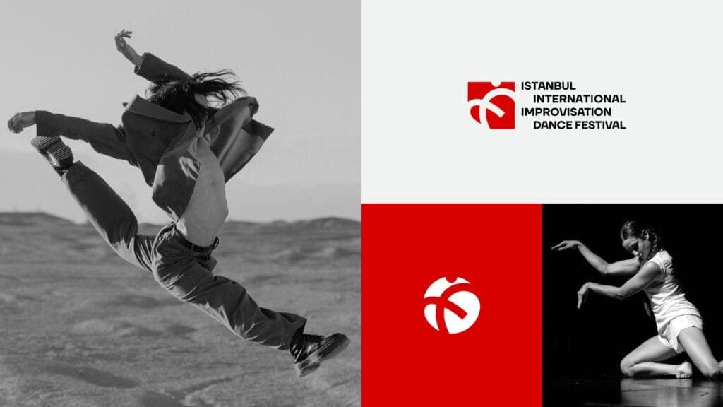 Collage featuring dynamic improvisation: on the left, a dancer leaping gracefully in an outdoor landscape; on the top right, the Istanbul International Improvisation Dance Festival logo; and on the bottom right, a black-and-white image of a dancer in an expressive pose against a dark background, paired with the festival’s red and white emblem.
